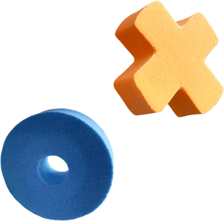 Dos fichas de Tateti. Una ficha azul redonda y otra amarilla con forma de cruz